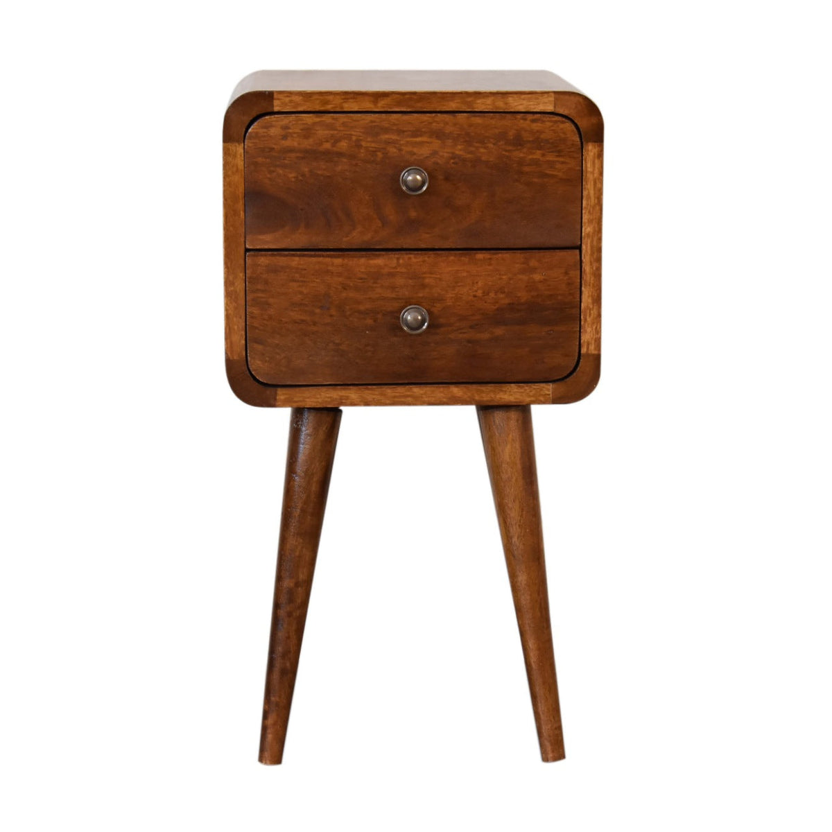 Mini Solid Mango Wood Nightstand – Chestnut Finish, Curved 2-Drawer Design