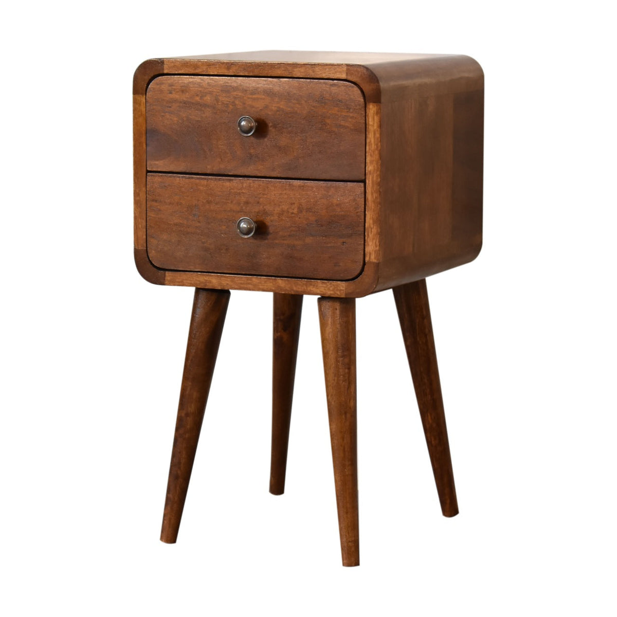 Mini Solid Mango Wood Nightstand – Chestnut Finish, Curved 2-Drawer Design