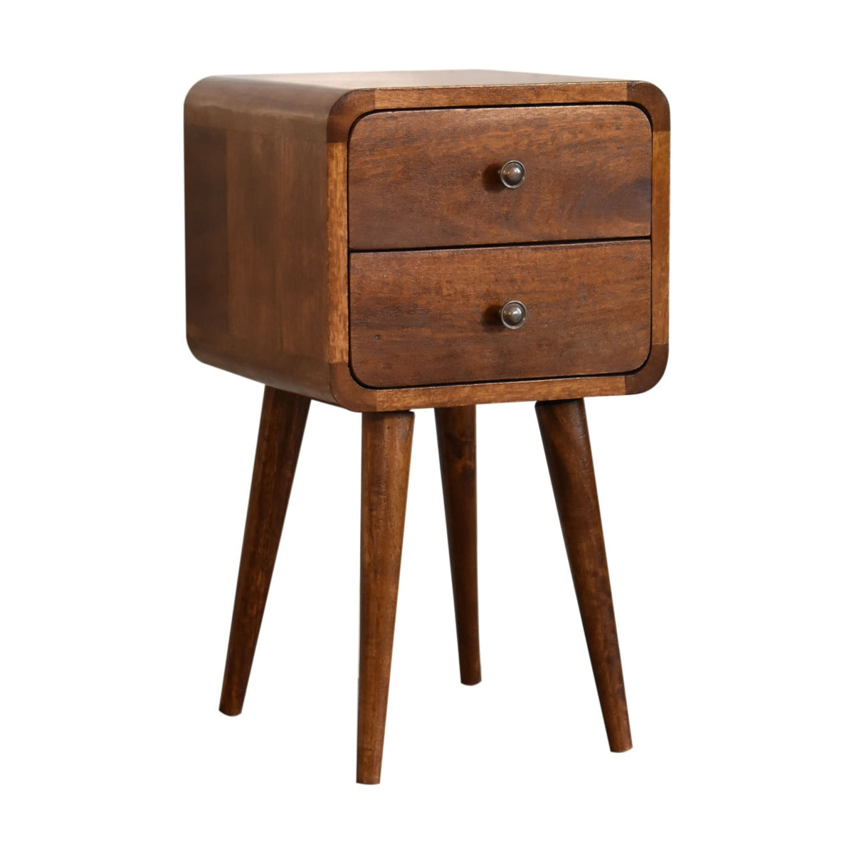 Mini Solid Mango Wood Nightstand – Chestnut Finish, Curved 2-Drawer Design