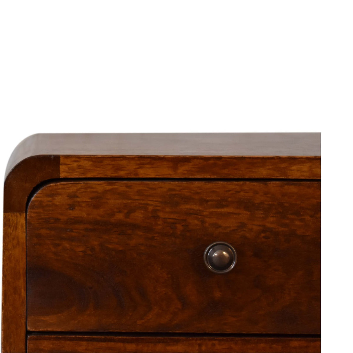 Mini Solid Mango Wood Nightstand – Chestnut Finish, Curved 2-Drawer Design