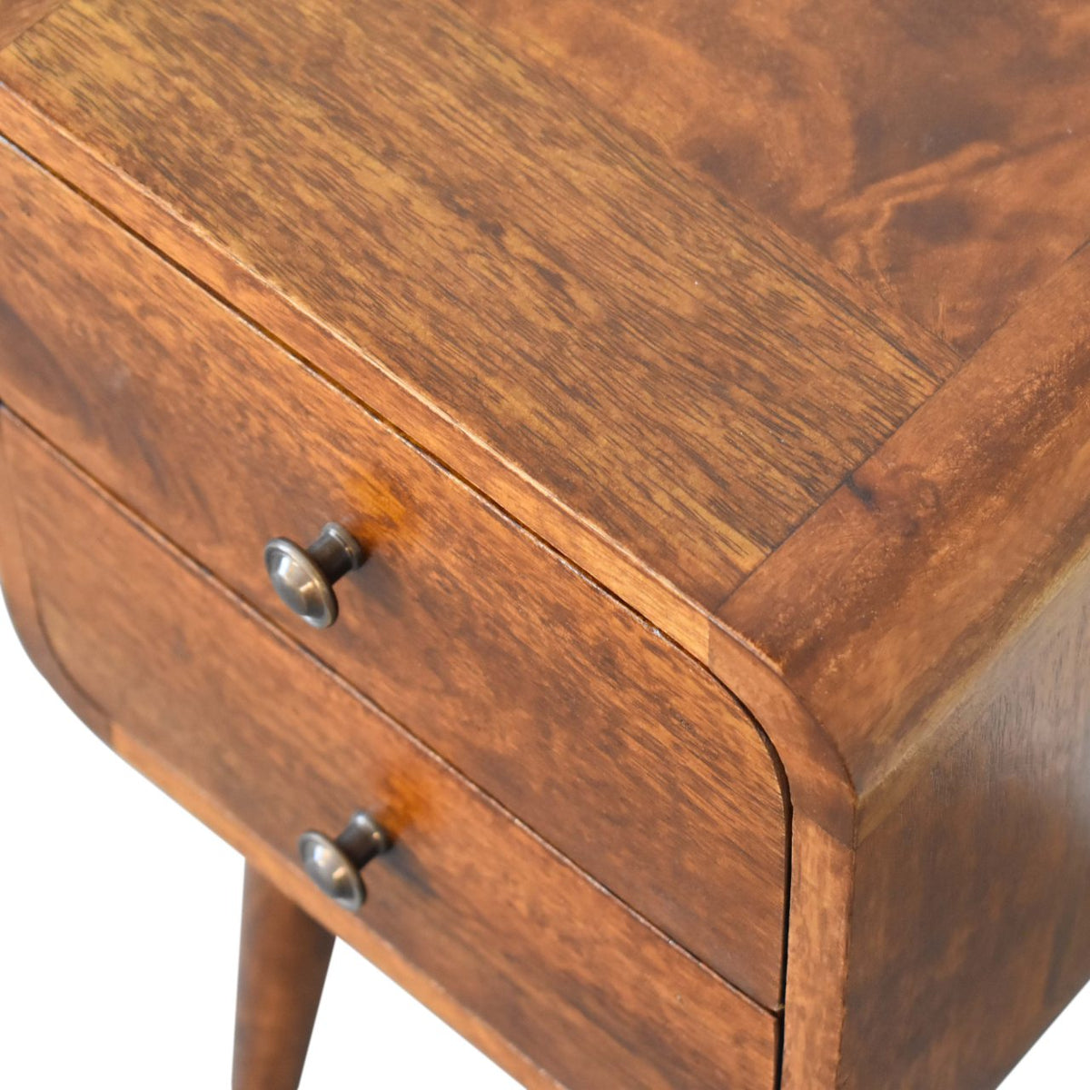 Mini Solid Mango Wood Nightstand – Chestnut Finish, Curved 2-Drawer Design