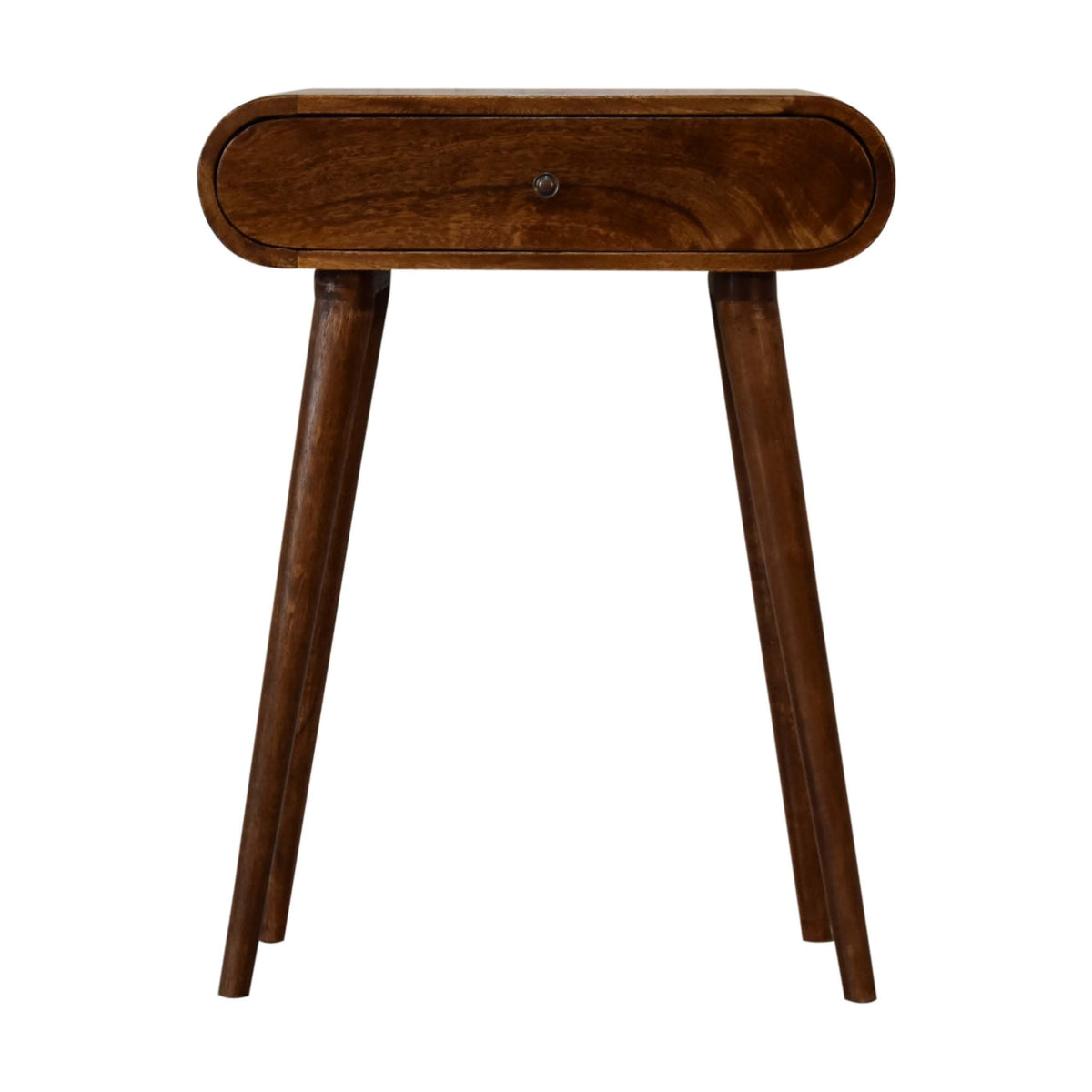 Mini Solid Mango Wood Console Table – Chestnut Finish, Rounded 2-Drawer Design