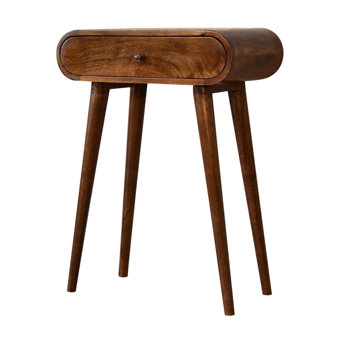 Mini Solid Mango Wood Console Table – Chestnut Finish, Rounded 2-Drawer Design