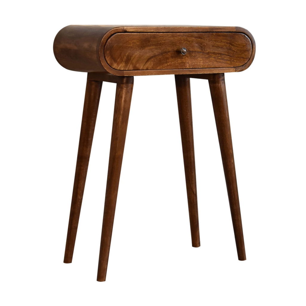Mini Solid Mango Wood Console Table – Chestnut Finish, Rounded 2-Drawer Design