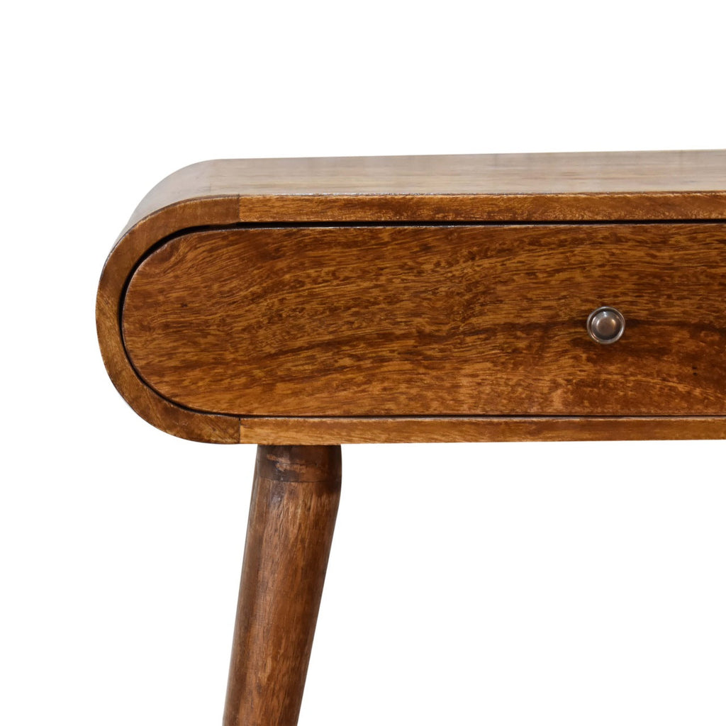 Mini Solid Mango Wood Console Table – Chestnut Finish, Rounded 2-Drawer Design