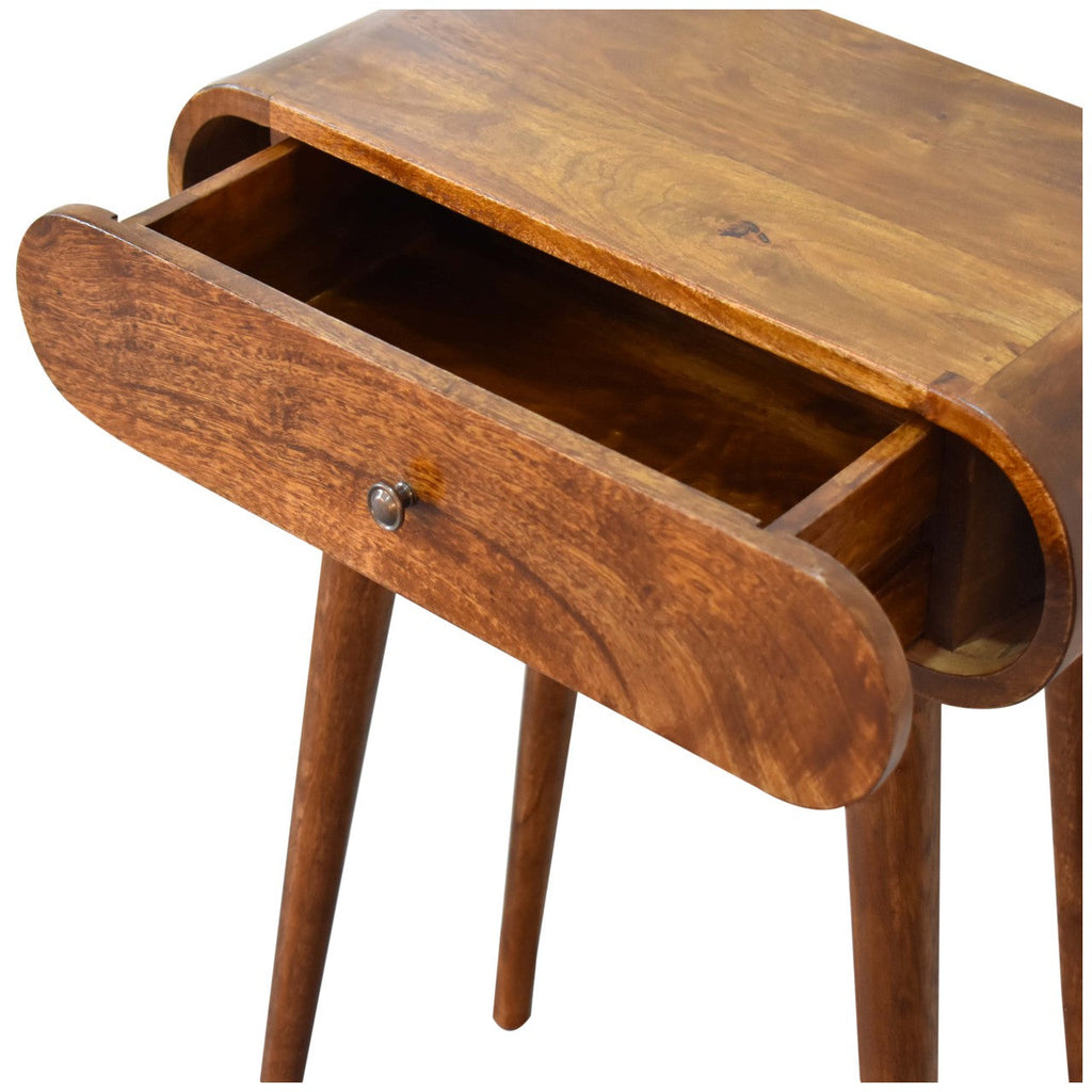 Mini Solid Mango Wood Console Table – Chestnut Finish, Rounded 2-Drawer Design