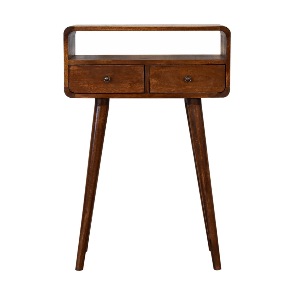 Mini Console Table – Chestnut Finish, Curved 2-Drawer Design & Open Shelf