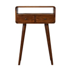 Mini Console Table – Chestnut Finish, Curved 2-Drawer Design & Open Shelf