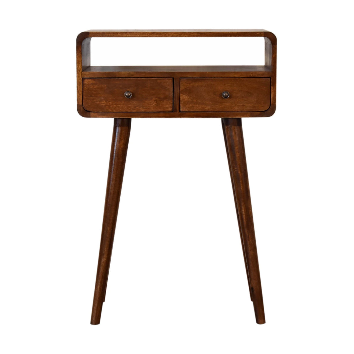 Mini Console Table – Chestnut Finish, Curved 2-Drawer Design & Open Shelf