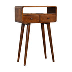 Mini Console Table – Chestnut Finish, Curved 2-Drawer Design & Open Shelf