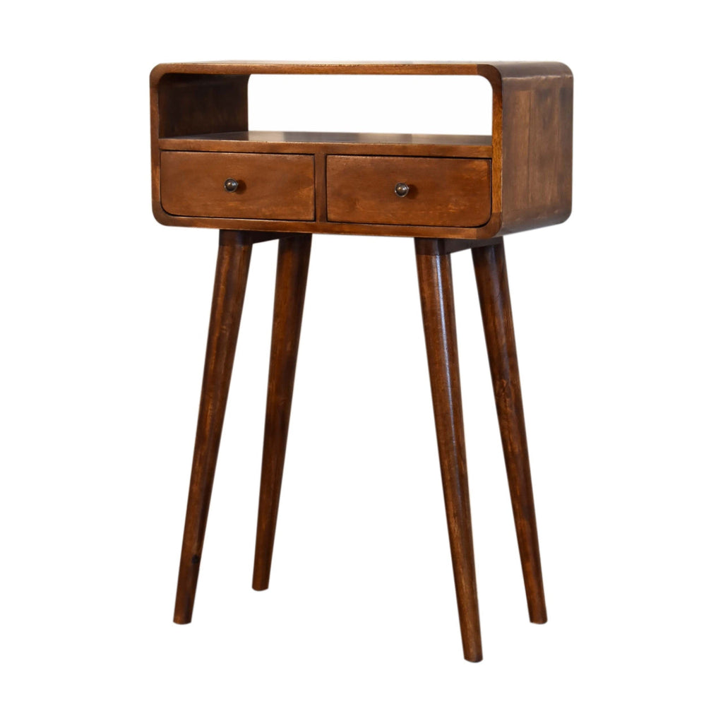 Mini Console Table – Chestnut Finish, Curved 2-Drawer Design & Open Shelf