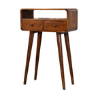 Mini Console Table – Chestnut Finish, Curved 2-Drawer Design & Open Shelf