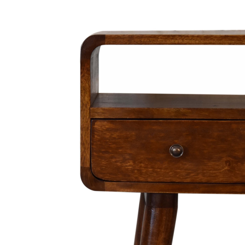 Mini Console Table – Chestnut Finish, Curved 2-Drawer Design & Open Shelf