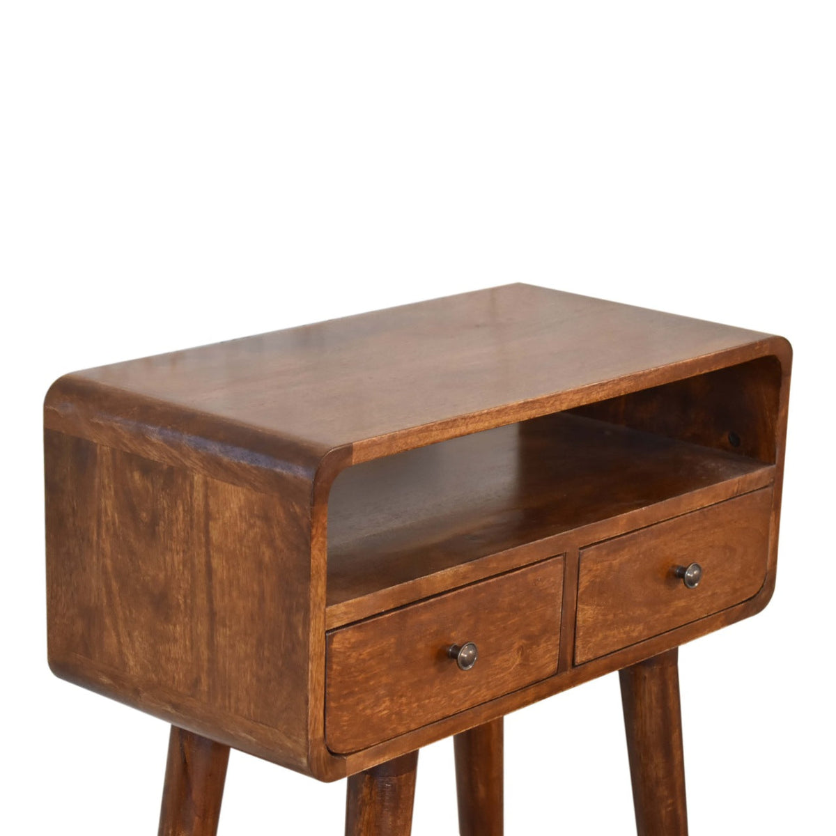 Mini Console Table – Chestnut Finish, Curved 2-Drawer Design & Open Shelf