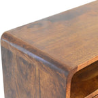 Mini Console Table – Chestnut Finish, Curved 2-Drawer Design & Open Shelf