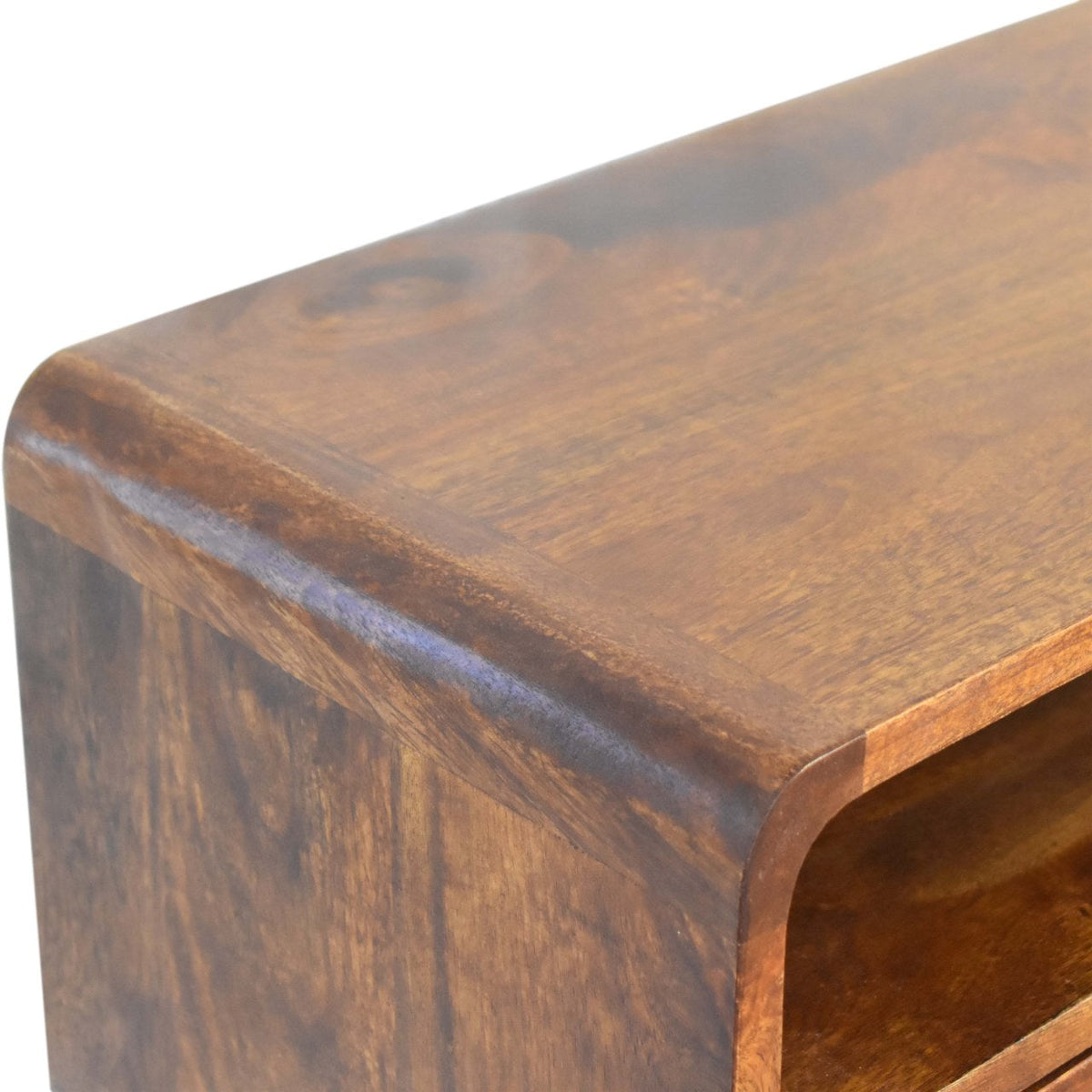 Mini Console Table – Chestnut Finish, Curved 2-Drawer Design & Open Shelf