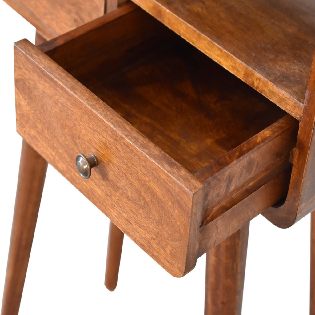 Mini Console Table – Chestnut Finish, Curved 2-Drawer Design & Open Shelf