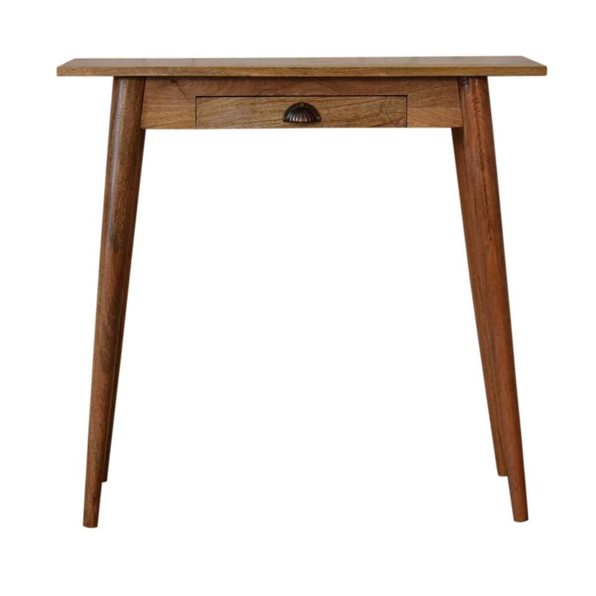 Mini Nordic Solid Mango Wood Writing Desk – Oak-Style Finish, Drawer & Brass Handle