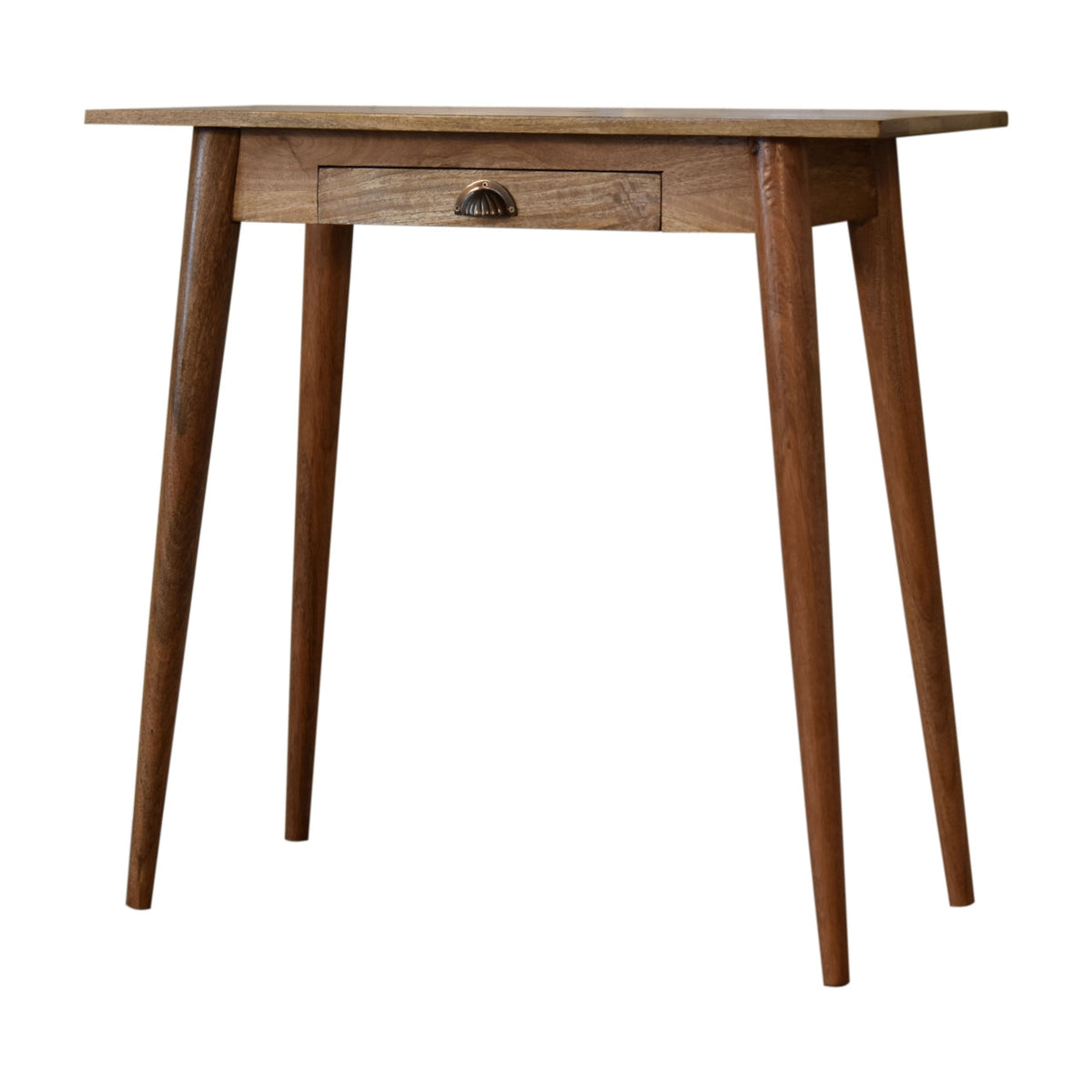 Mini Nordic Solid Mango Wood Writing Desk – Oak-Style Finish, Drawer & Brass Handle