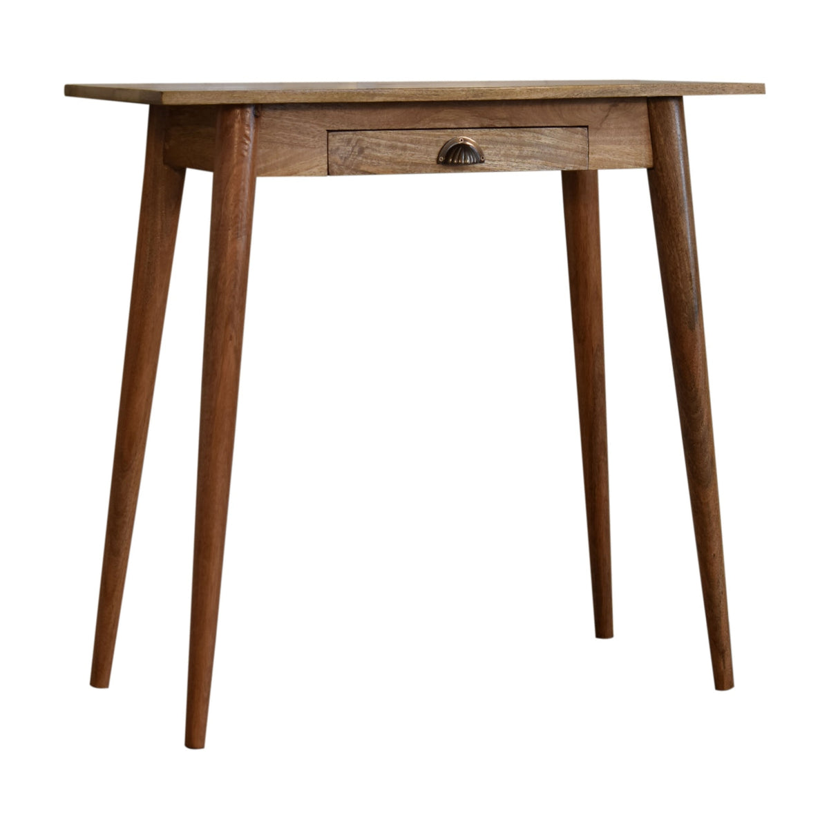 Mini Nordic Solid Mango Wood Writing Desk – Oak-Style Finish, Drawer & Brass Handle