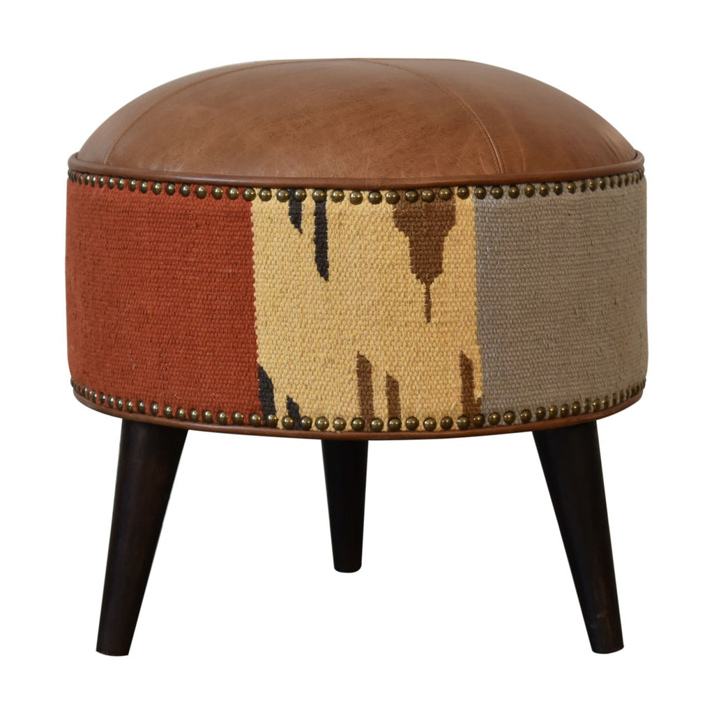 Durrie & Leather Mixed Footstool – Dark Walnut Finish
