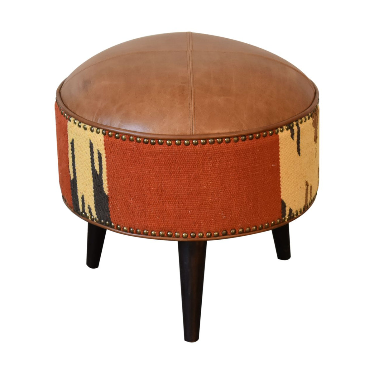 Durrie & Leather Mixed Footstool – Dark Walnut Finish