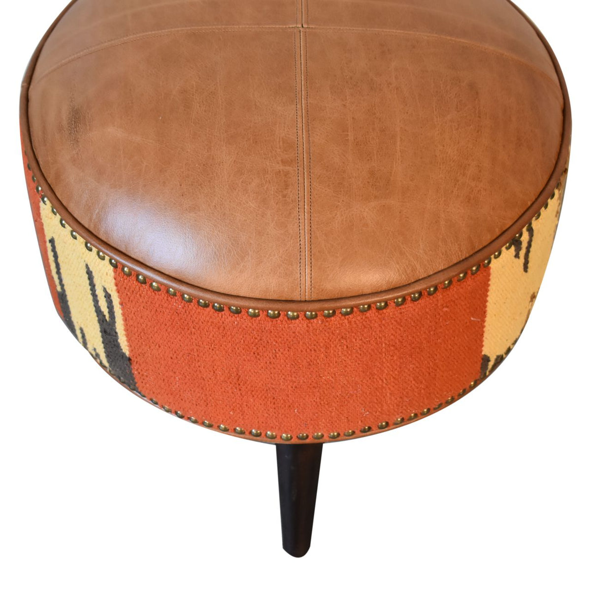 Durrie & Leather Mixed Footstool – Dark Walnut Finish