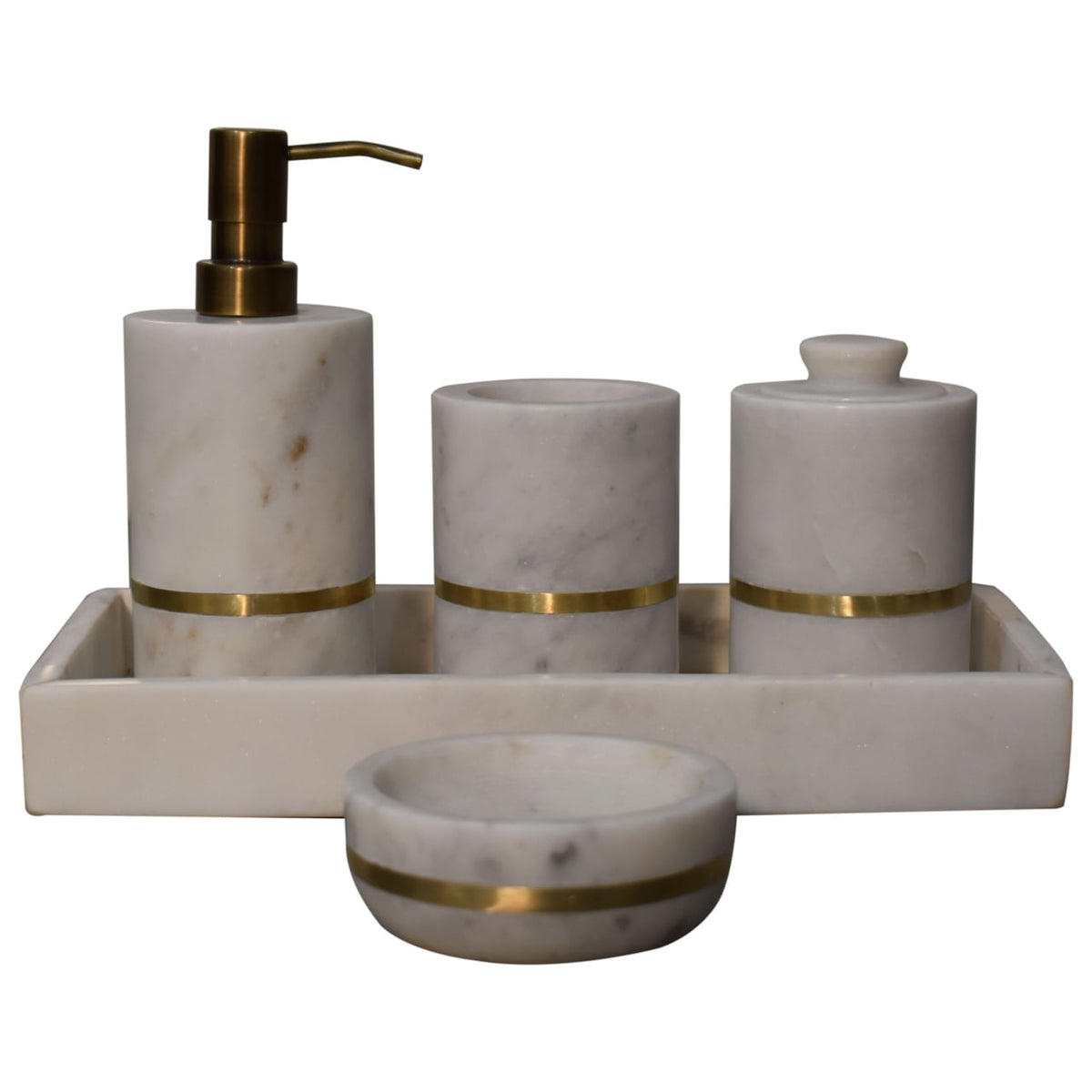 White Marble Bathroom Accessory Set – Brass Band, 5 Pieces