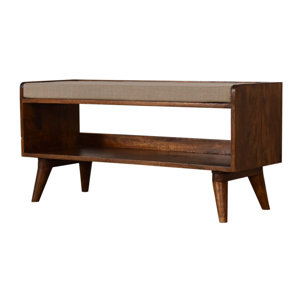 Solid Mango Wood Shoe Bench – Chestnut Finish, Mud Linen Seat and Open Shelf
