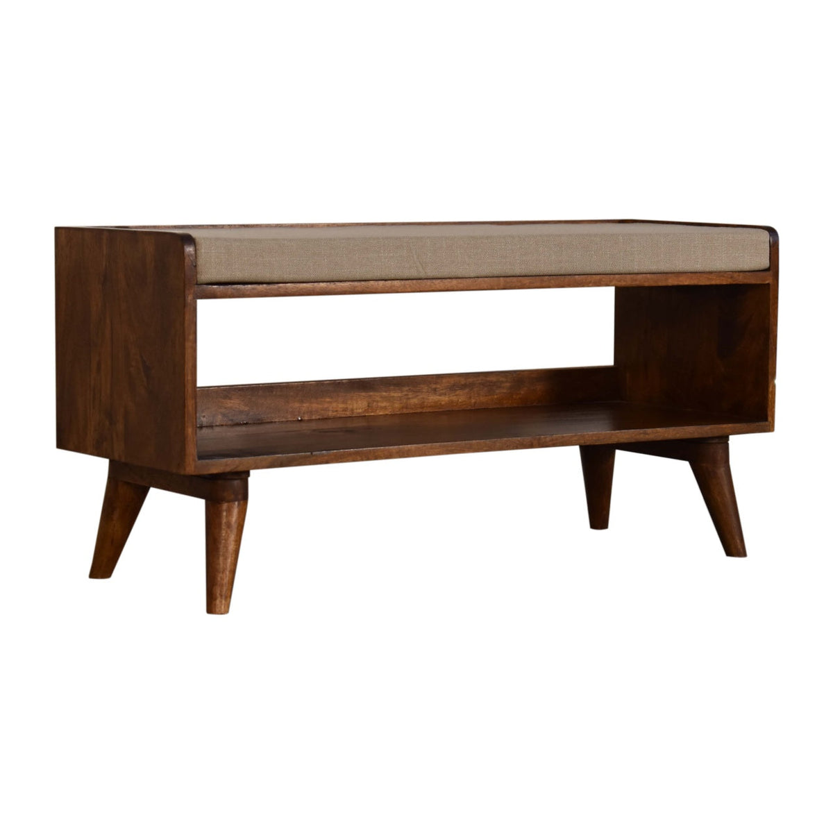 Solid Mango Wood Shoe Bench – Chestnut Finish, Mud Linen Seat and Open Shelf