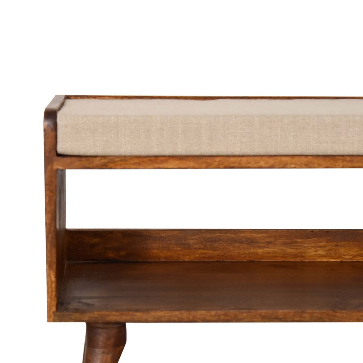 Solid Mango Wood Shoe Bench – Chestnut Finish, Mud Linen Seat and Open Shelf