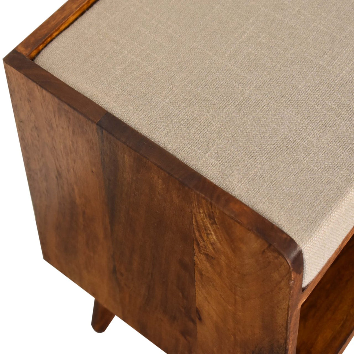 Solid Mango Wood Shoe Bench – Chestnut Finish, Mud Linen Seat and Open Shelf