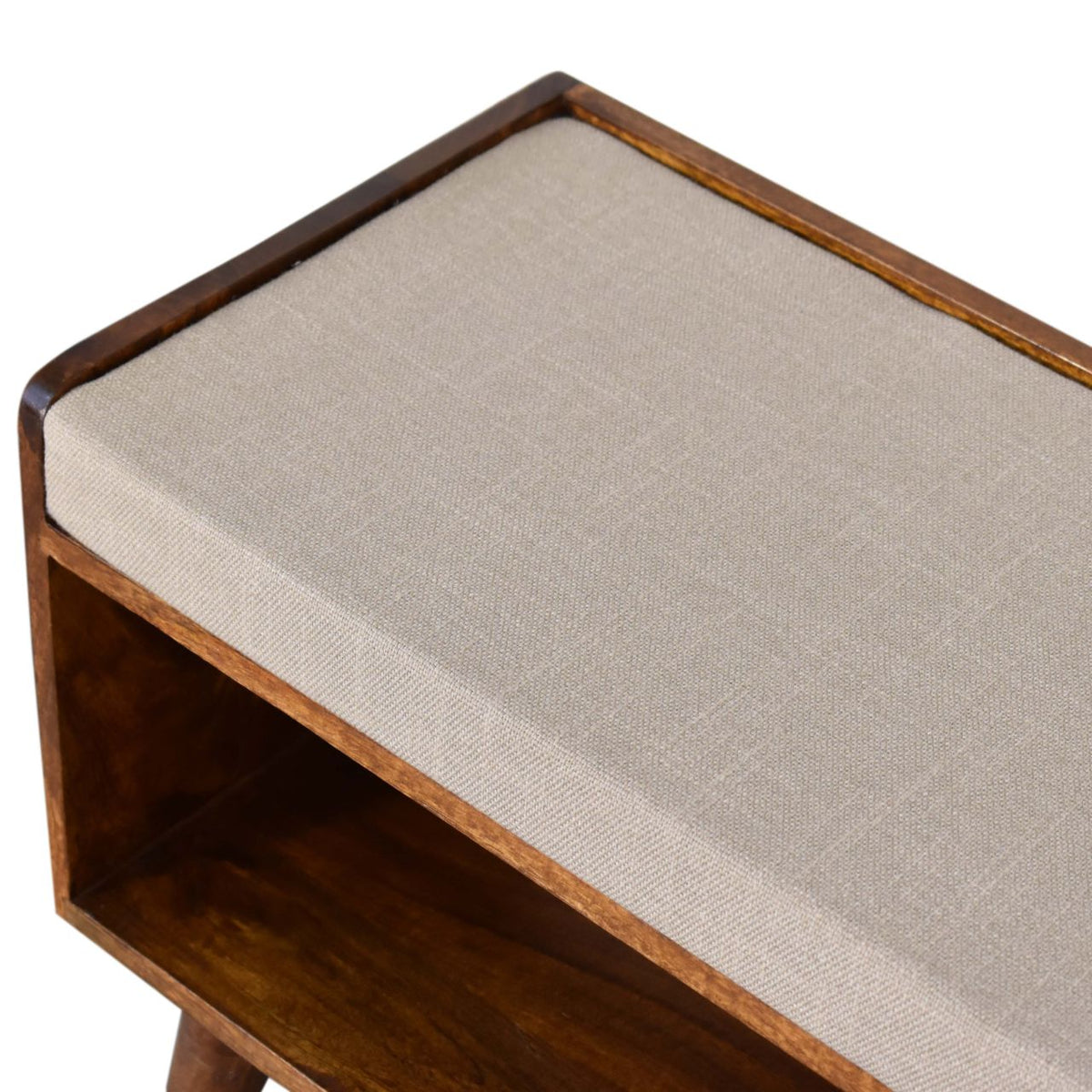 Solid Mango Wood Shoe Bench – Chestnut Finish, Mud Linen Seat and Open Shelf