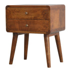 Solid Mango Wood Nightstand – Chestnut Finish, Curved 2-Drawer Design