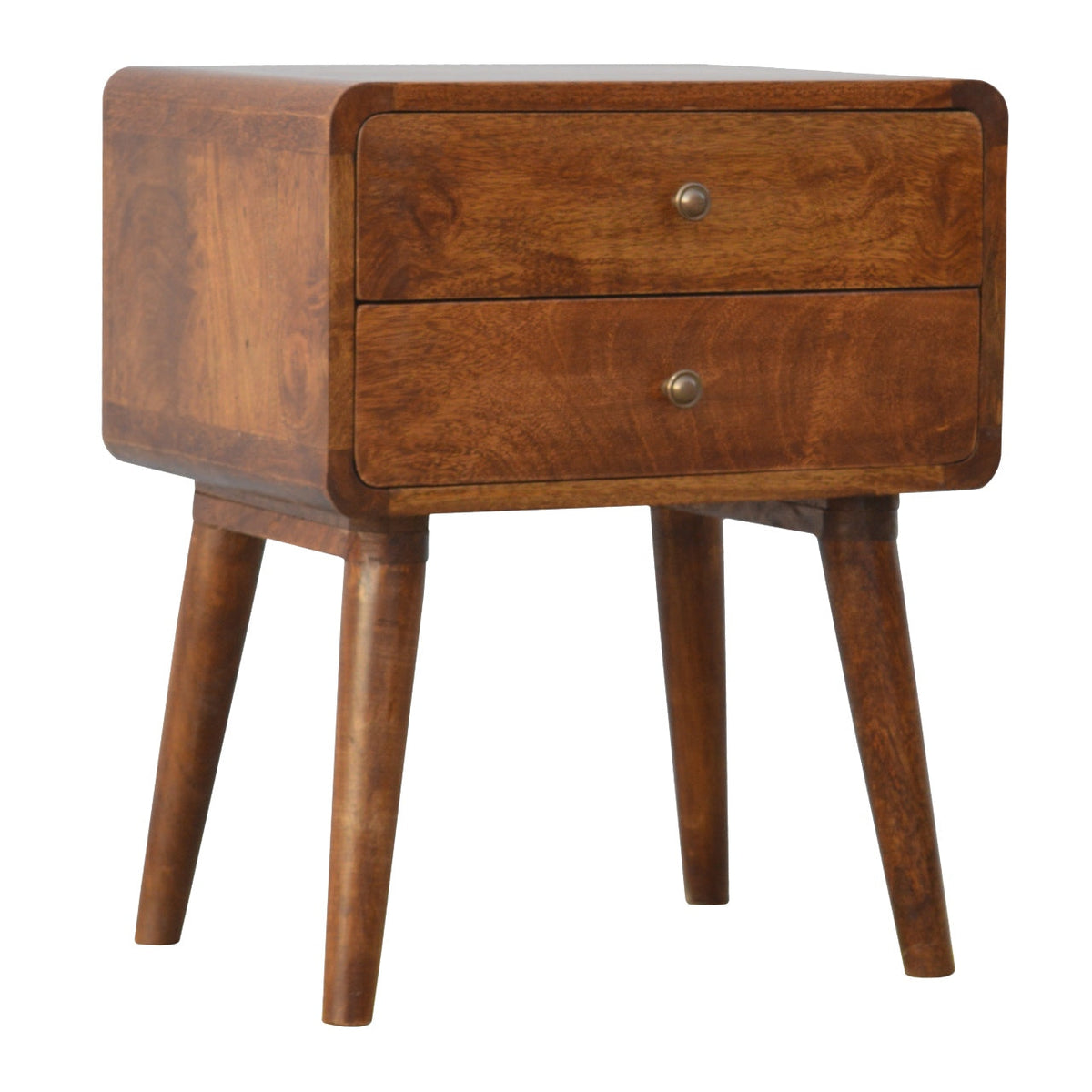 Solid Mango Wood Nightstand – Chestnut Finish, Curved 2-Drawer Design
