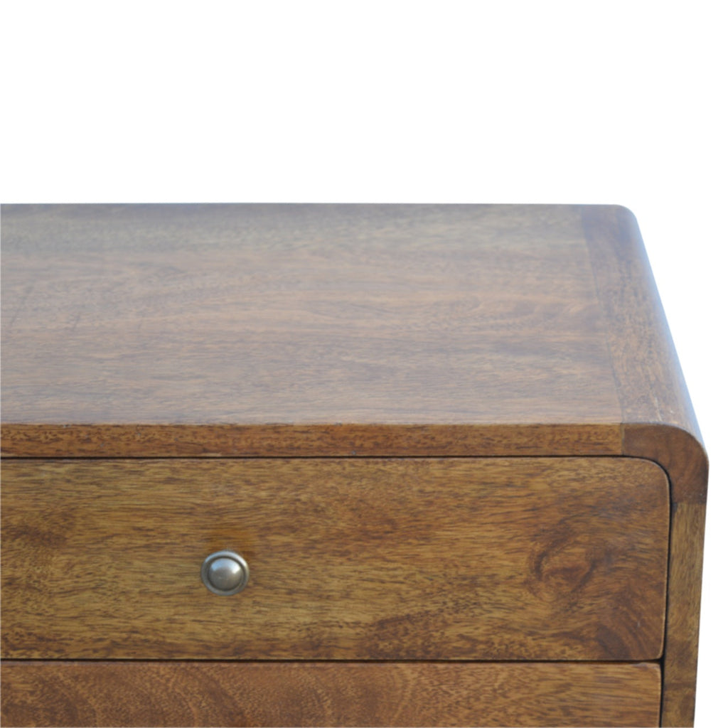 Solid Mango Wood Nightstand – Chestnut Finish, Curved 2-Drawer Design