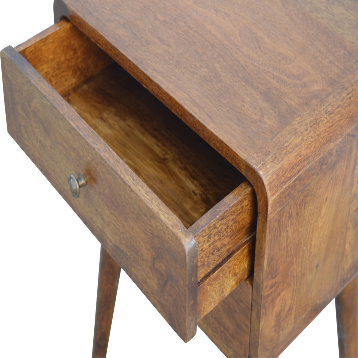 Solid Mango Wood Nightstand – Chestnut Finish, Curved 2-Drawer Design