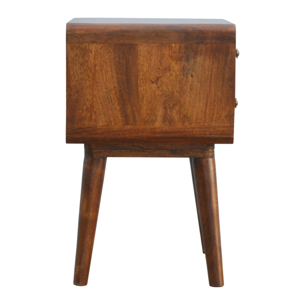 Solid Mango Wood Nightstand – Chestnut Finish, Curved 2-Drawer Design