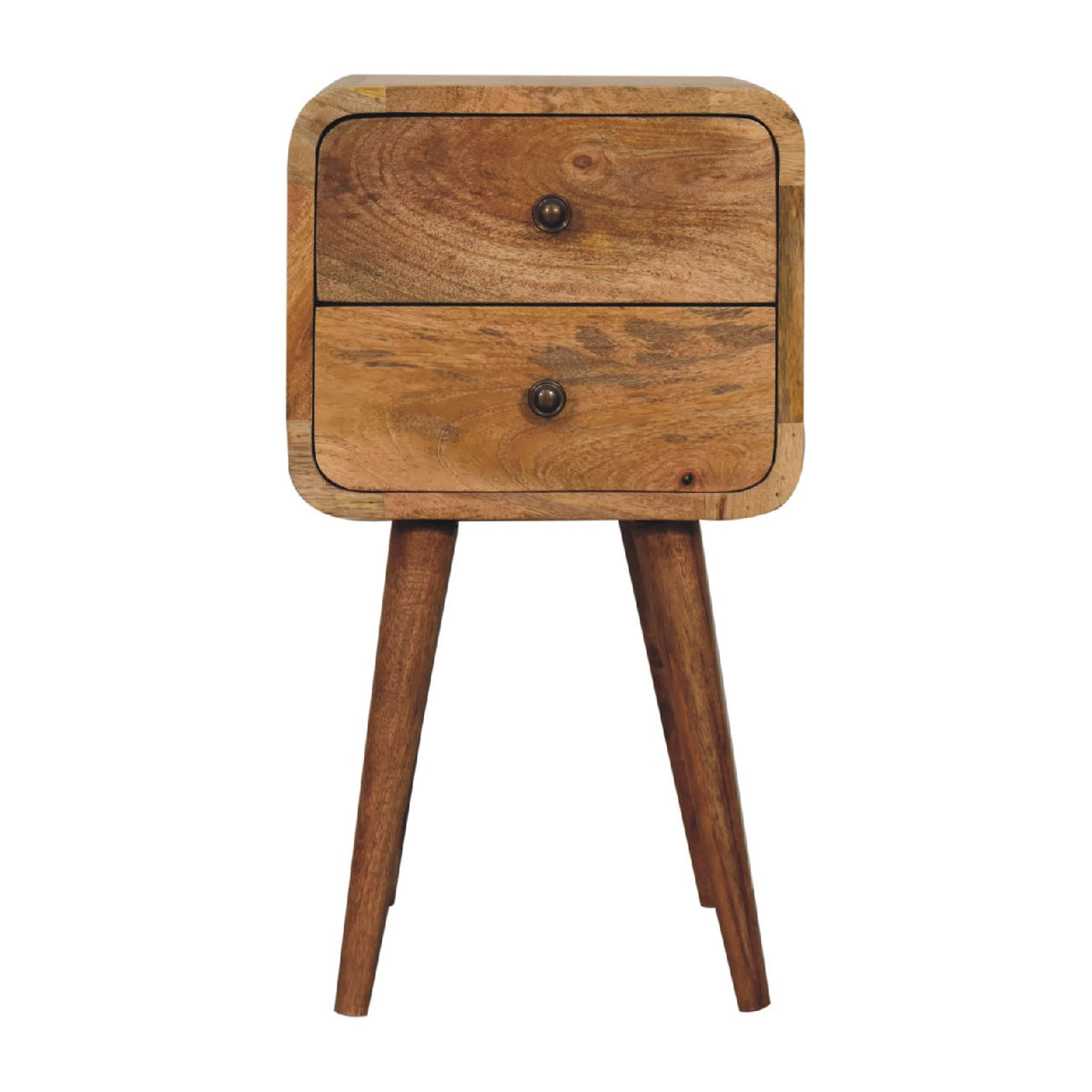 Mini Solid Mango Wood Nightstand – Oak-Ish Finish, Curved 2-Drawer Design