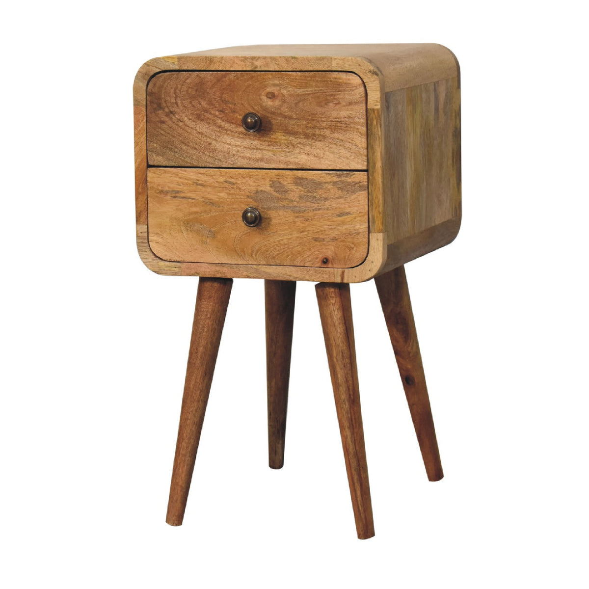 Mini Solid Mango Wood Nightstand – Oak-Ish Finish, Curved 2-Drawer Design
