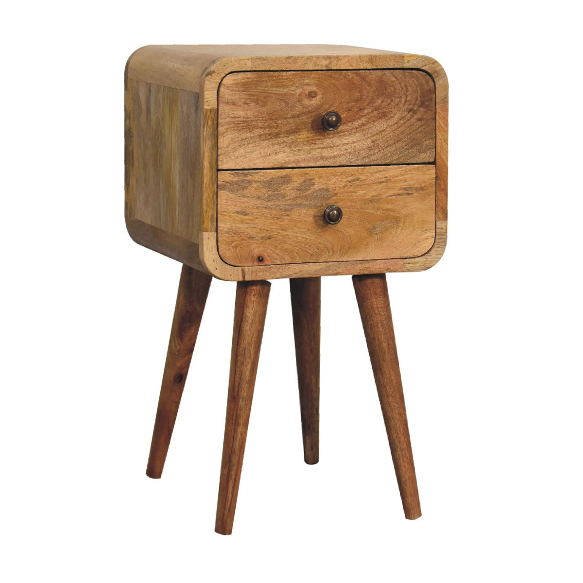 Mini Solid Mango Wood Nightstand – Oak-Ish Finish, Curved 2-Drawer Design