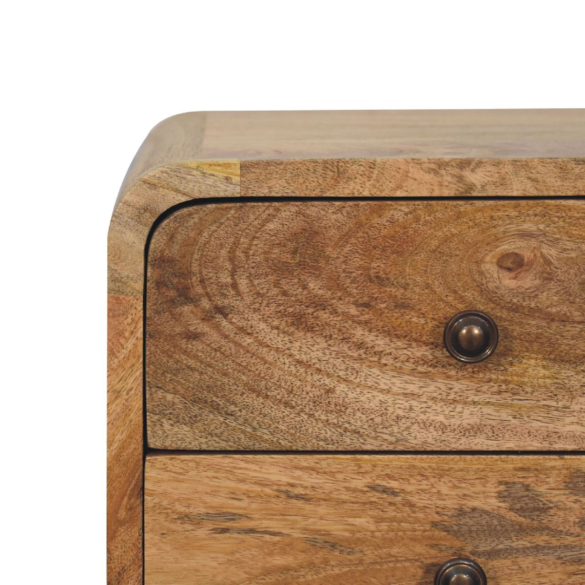 Mini Solid Mango Wood Nightstand – Oak-Ish Finish, Curved 2-Drawer Design