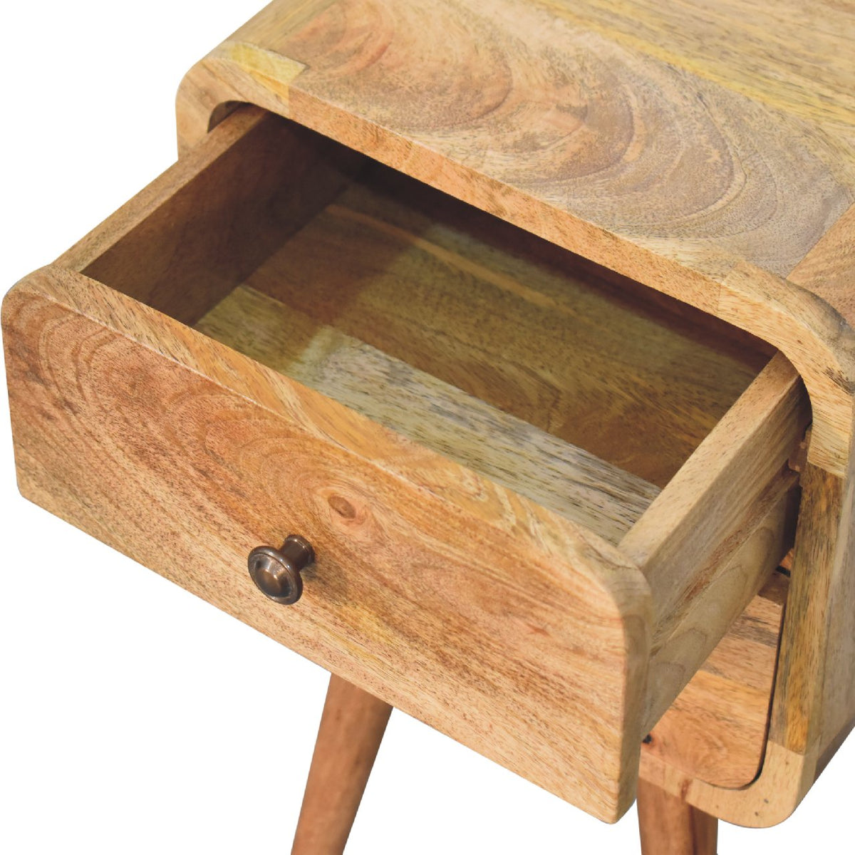 Mini Solid Mango Wood Nightstand – Oak-Ish Finish, Curved 2-Drawer Design
