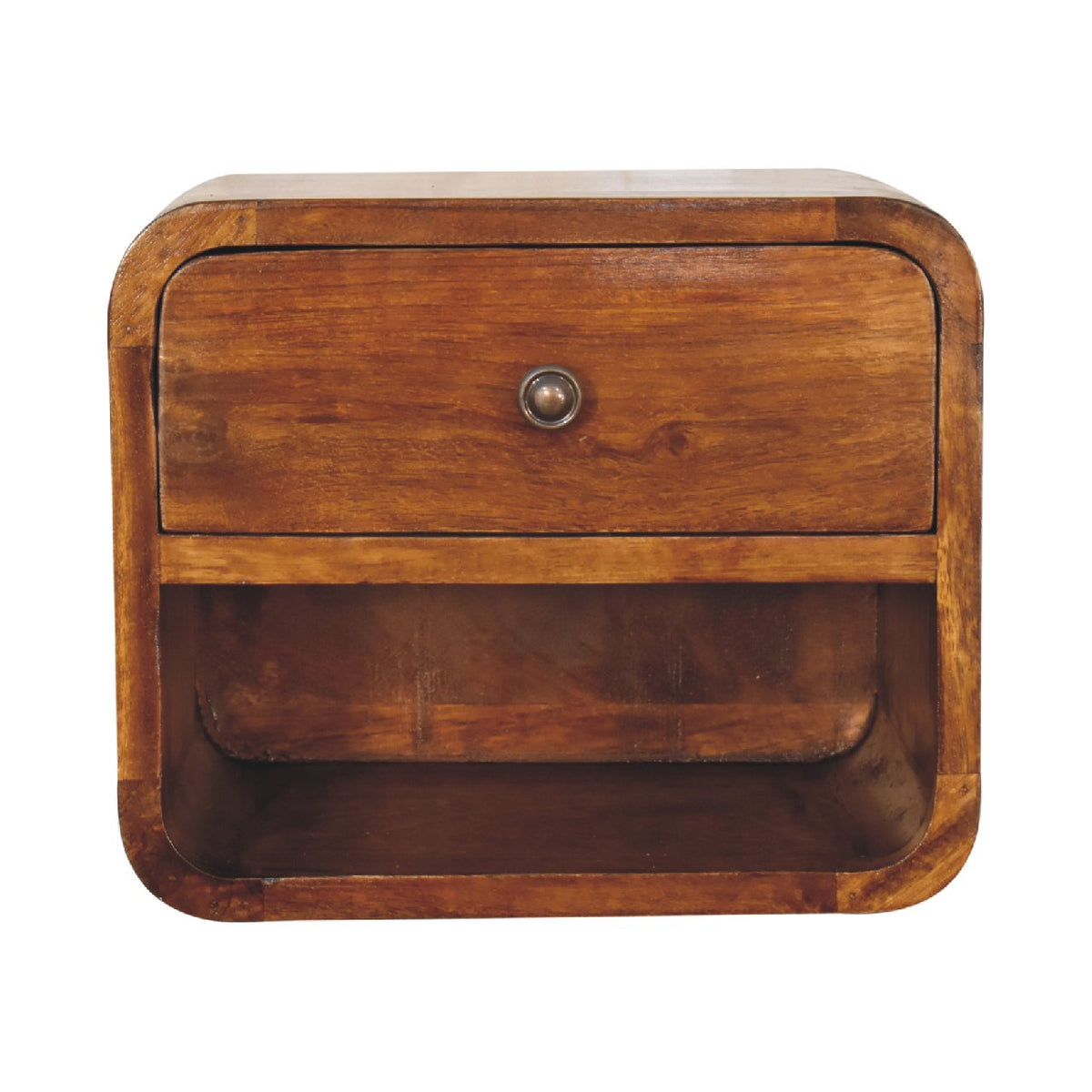 Mini Curve Floating Solid Mango Wood Nightstand – Chestnut Finish