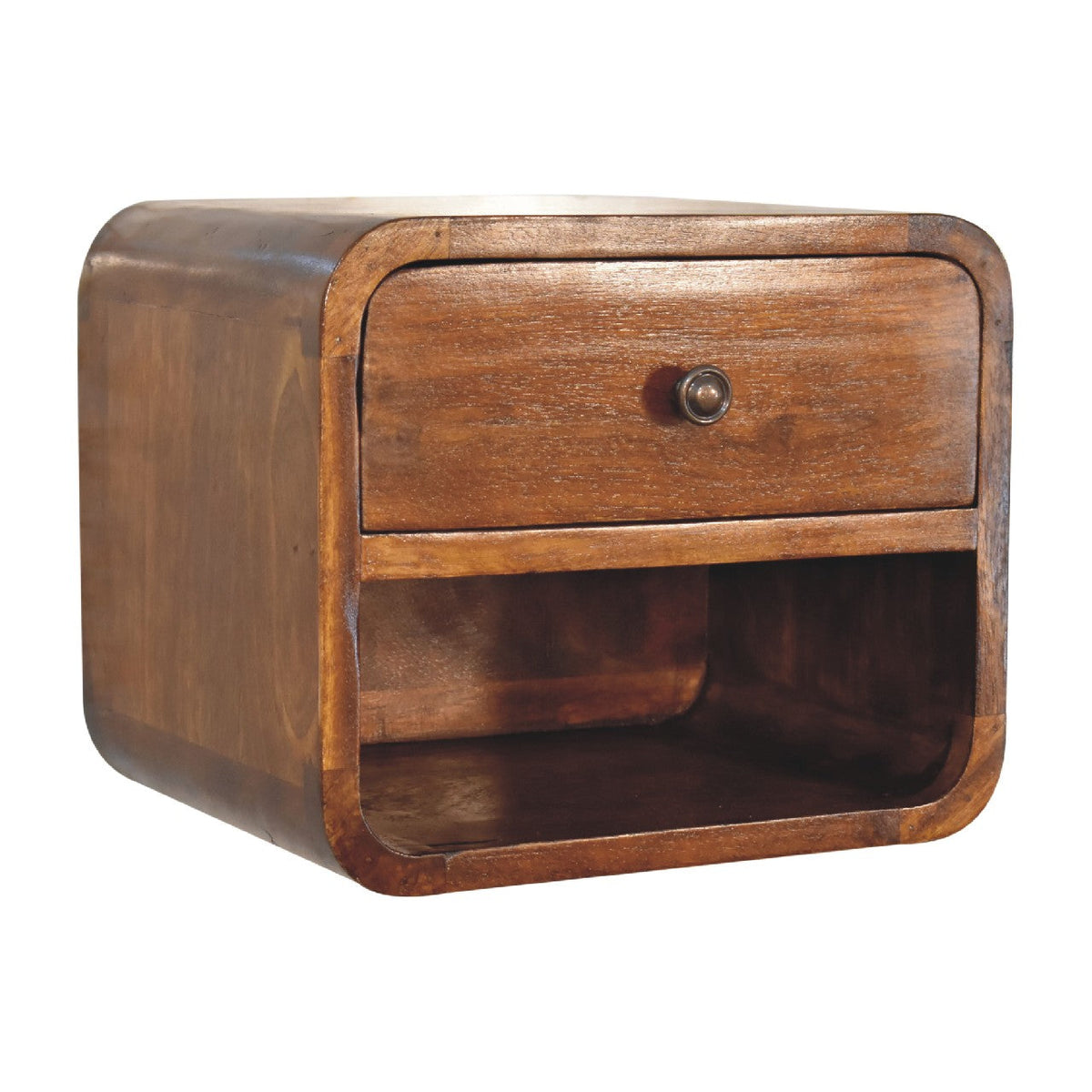 Mini Curve Floating Solid Mango Wood Nightstand – Chestnut Finish