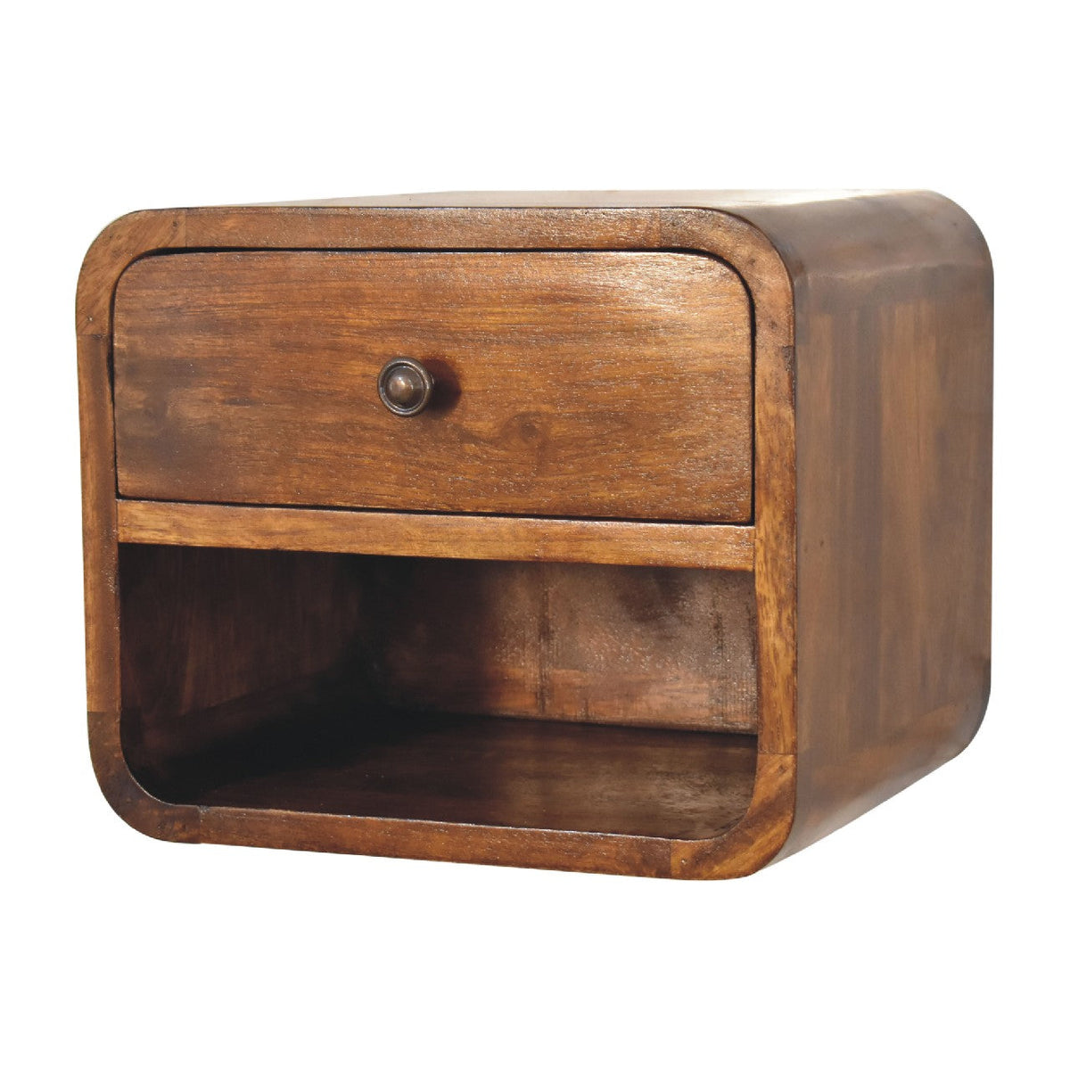 Mini Curve Floating Solid Mango Wood Nightstand – Chestnut Finish