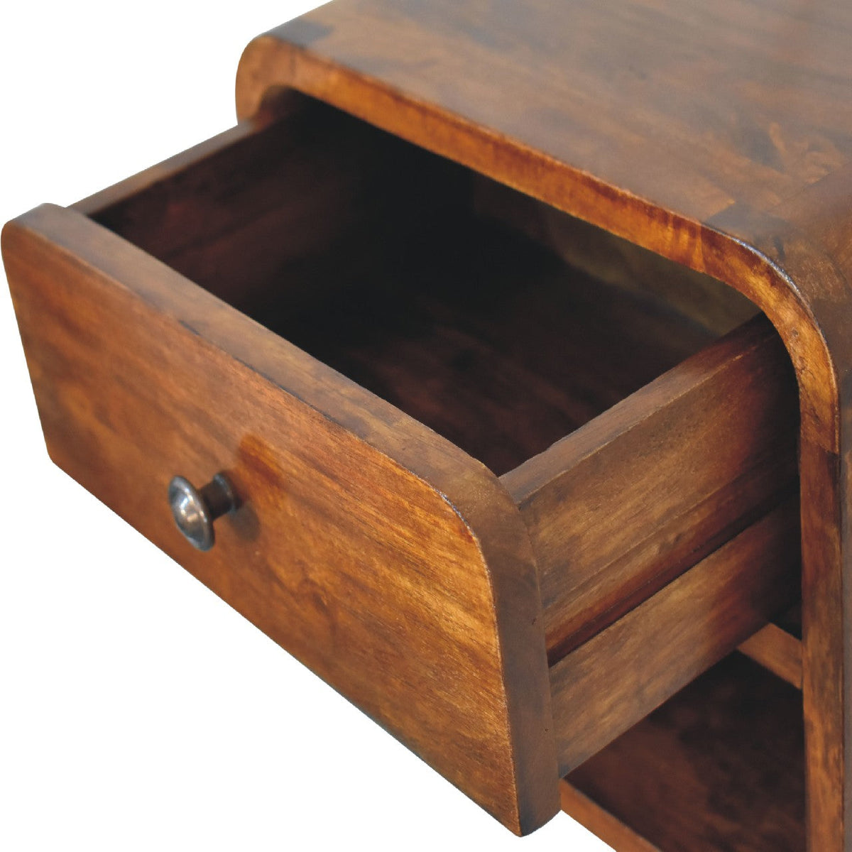 Mini Curve Floating Solid Mango Wood Nightstand – Chestnut Finish