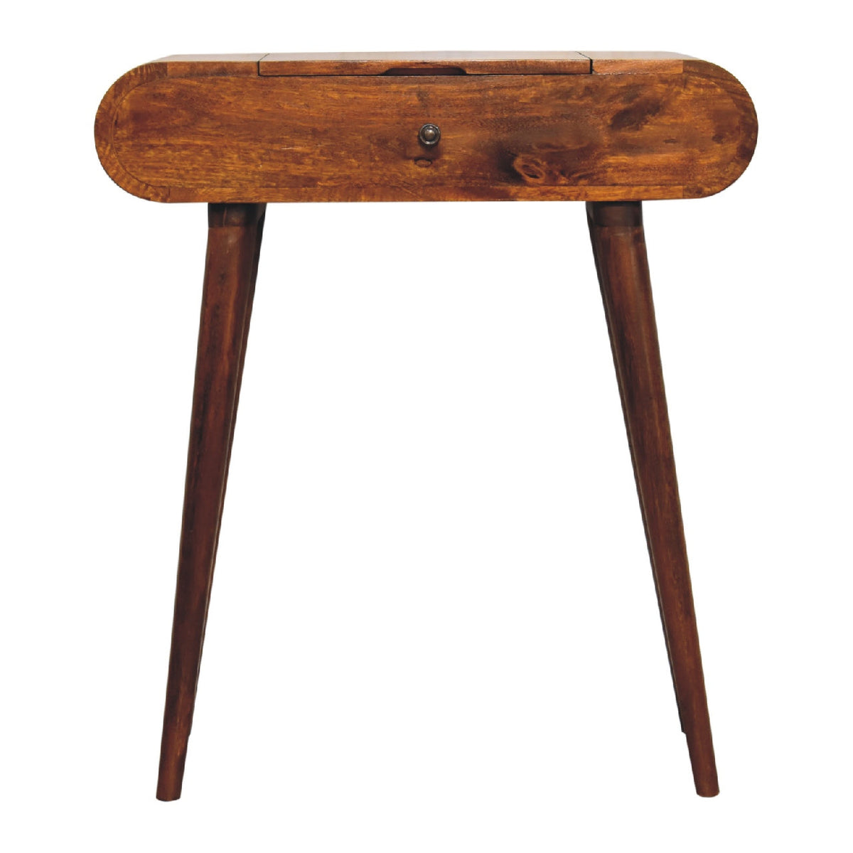 Mini Round Solid Mango Wood Dressing Table – Chestnut Finish, Folding Mirror