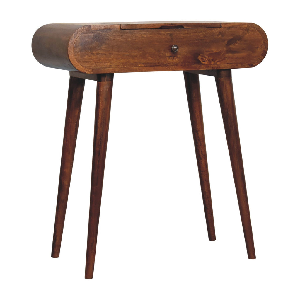 Mini Round Solid Mango Wood Dressing Table – Chestnut Finish, Folding Mirror