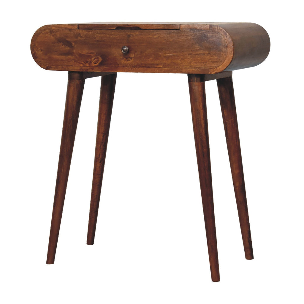 Mini Round Solid Mango Wood Dressing Table – Chestnut Finish, Folding Mirror